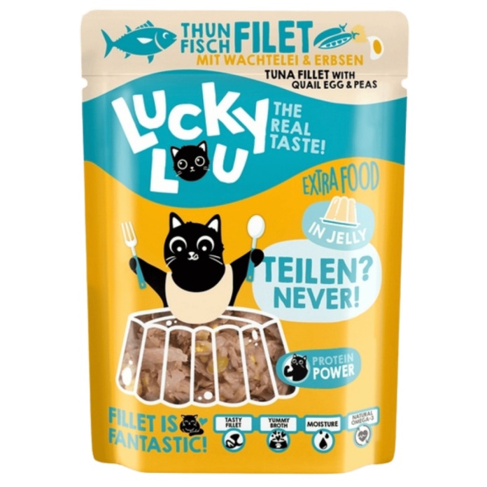 Lucky Lou Extrafood Tuńczyk i jajko przepiórcze w galaretce 70 g - karma uzupełniająca dla kota z kawałkami tuńczyka w saszetce